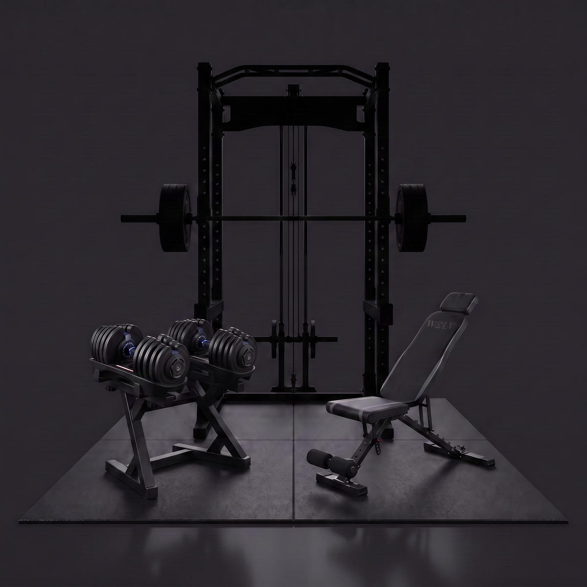 WOLV Gym with power rack, barbell and pulley